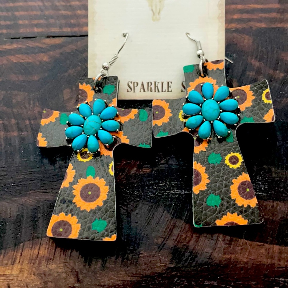 Leather Cross Sunflower earrings